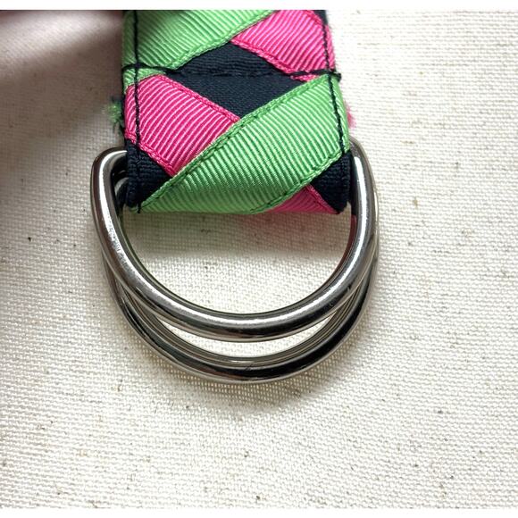 Vintage Talbots 1980s Pink Green Ribbon Grosgrain D-Ring Belt Preppy Classic - Picture 4 of 5